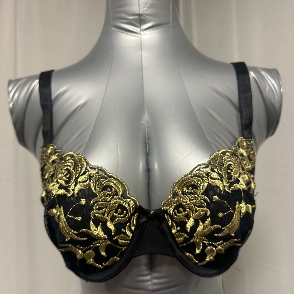 Frederick's of Hollywood Black and Gold Bra Size 32D New Without Tags